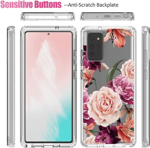 Vista 5 de Funda para Galaxy Note 20 5G, SM-N981U con protector de pantalla de vidrio templado, carcasa de cuerpo completo con diseño floral transparente