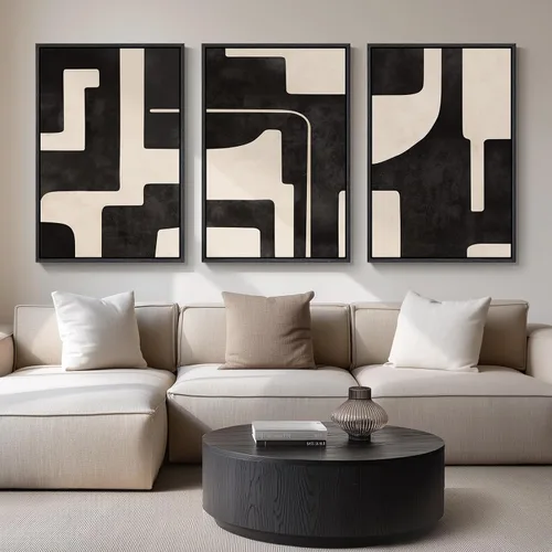 Vista 36 de Arte de pared abstracto moderno enmarcado en blanco y negro, 3 piezas de impresiones en lienzo pinturas obras de arte para paredes, cuadros Negro