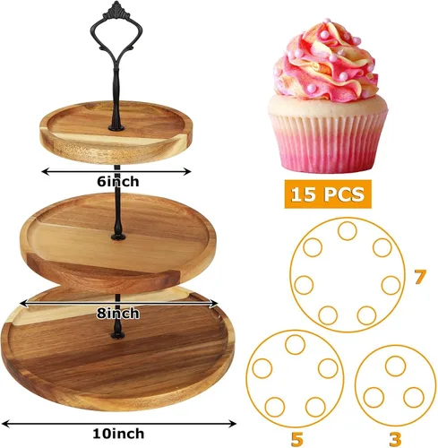 Vista 2 de Soporte de madera para cupcakes de 3 niveles, bandeja escalonada para servir cupcakes, torre, bandeja de postre de madera para granja, boda