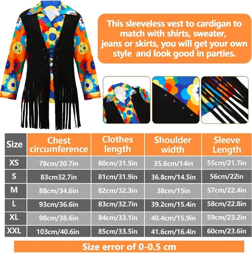 Vista 3 de Juego de 14 piezas de disfraz hippie de los años 60 y 70 para hombre, chaleco hippie, camisa de teñido anudado, peluca afro, collar de signo