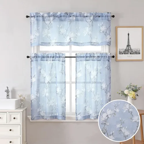 Vista 18 de SMILE WEAVER 2 paneles de cortinas traslúcidas turquesa de 45 pulgadas de largo, para sala de estar, cortinas semitransparentes florales