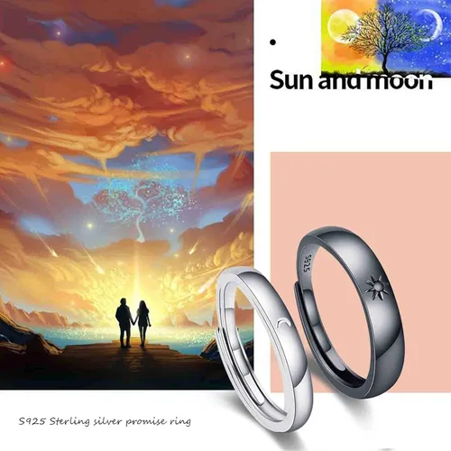 Vista 2 de Juego de 2 anillos de compromiso para parejas de sol y luna, 2 piezas de plata de ley 925, anillos ajustables a juego, anillos de compromiso