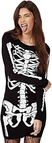 Vista 2 de RieKet - Disfraz de esqueleto para mujer de manga larga elástico y corto para Halloween