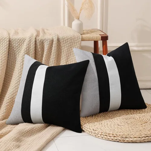 Vista 3 de Adabana Juego de 2 fundas de almohadón de lino decorativas con diseño de patchwork cuadrado para sofá, cama, sala de estar, estilo granja, 18 x 18