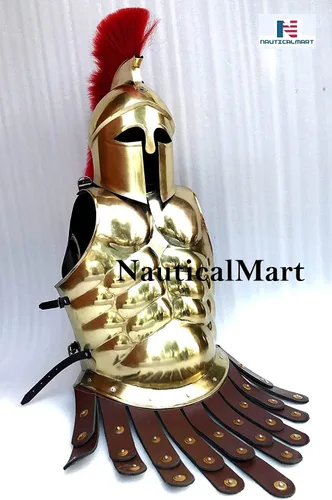 Vista 3 de Coraza de armadura de cuerpo muscular de latón con casco corintio, disfraz medieval de Halloween