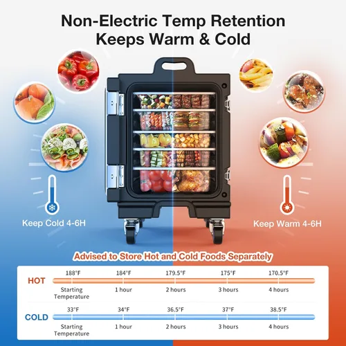 Vista 2 de NEEDONE Calentador de alimentos, contenedor de comida aislada LLDPE de 81 Qt para alimentos calientes/fríos, con hebillas dobles, ruedas