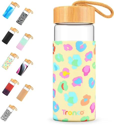Vista 17 de Tronco Botellas de agua de vidrio de 20 onzas con tapas, botellas de vidrio de borosilicato reutilizables con tapa de bambú y funda de silicona