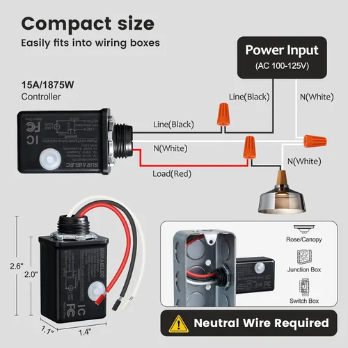 Vista 5 de Kit de interruptor de luz inalámbrico y receptor, negro, control remoto de 15 A No Wiring Required, No Interference, 100 ft Range, Expandable Wall
