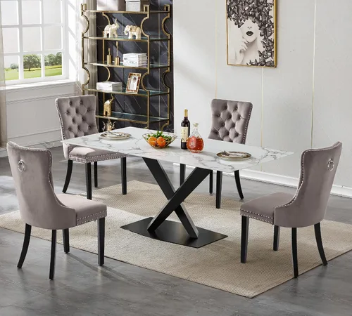 Vista 55 de Juego de 5 mesas de comedor, juego de mesa de cocina y comedor para 4, mesa de cocina rectangular de mármol sintético blanco de 47 pulgadas con base