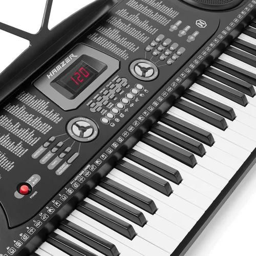 Vista 3 de Teclado de piano electrónico de la marca Hamzer, modelo 61-Key, portátil, con atril, taburete, auriculares y micrófono