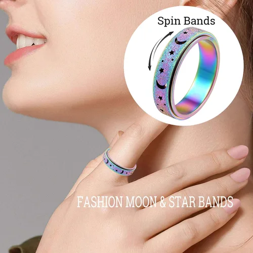 Vista 2 de OreilleStar Anillo de ansiedad para mujeres: Juguetes para adultos, anillos giratorios con luna y estrella, anillos para la ansiedad para mujeres