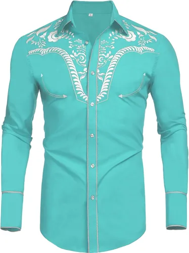 Vista 2 de Daupanzees Camisas bordadas de manga larga para hombre, ajustadas, casuales, con botones