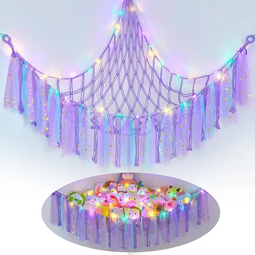 Vista 19 de FIOBEE Red de Animales de Peluche o Hamaca con Luz LED, Hamaca de Juguetes Colgante Organizador de Almacenamiento Soporte para Animales de Peluche