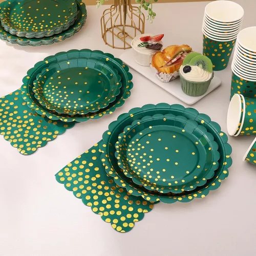 Vista 4 de 175 piezas de decoración de fiesta verde y dorada - Suministros de fiesta con platos y servilletas verdes - Platos de papel festoneados