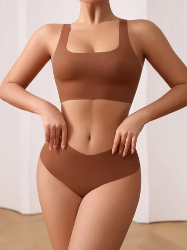 Vista 5 de SHENHE Conjunto de lencería de 2 piezas sin costuras para mujer, brasier con espalda cruzada y ropa interior de cintura alta