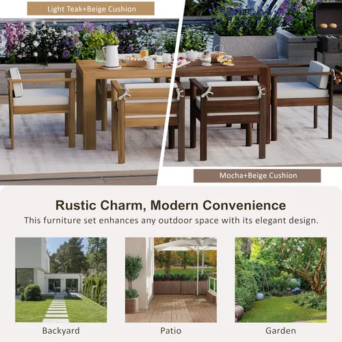 Vista 8 de Patio Dining Table Set for 6, 7-Piece Outdoor Furniture with 73 Inch Rectangular Table, Wood Chairs with Removable Cushions for Backyard, Poolside