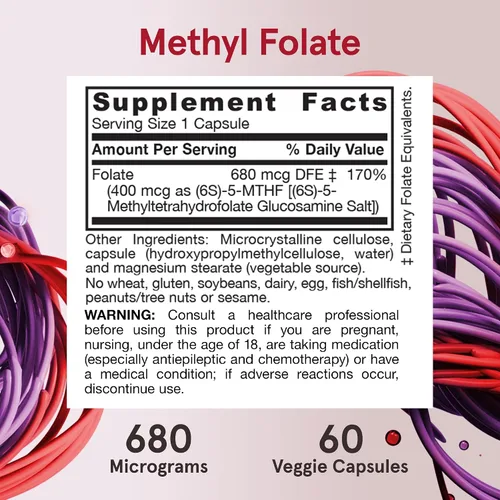Vista 6 de Jarrow Formulas Folato de metilo extra fuerte 400 mcg, suplemento dietético para apoyo de salud cardiovascular y neurológica, 60 cápsulas vegetales