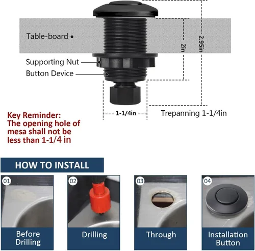 Vista 5 de Kit de interruptor de aire para eliminación de basura, doble salida, desagüe de fregadero, acero inoxidable negro, botón de encendido/apagado, pieza