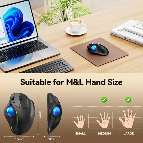 Vista 7 de TECKNET Ratón de Trackball inalámbrico profesional, mouse Bluetooth con control ergonómico de pulgar, USB-C recargable, mouse con luz RGB con DPI