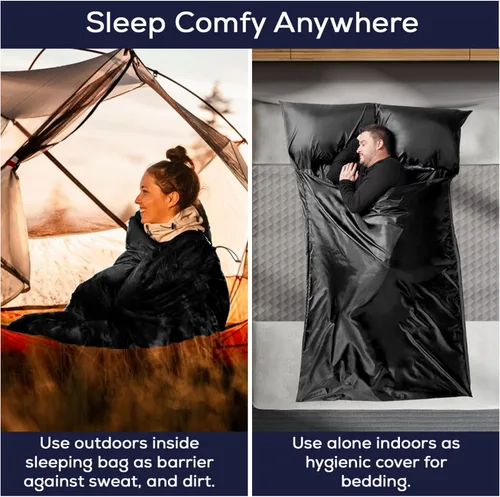 Vista 2 de Forro de saco de dormir sedoso para clima frío/cálido, sábanas de viaje XL para hotel de 85 x 52 pulgadas, saco de dormir ligero con cremallera