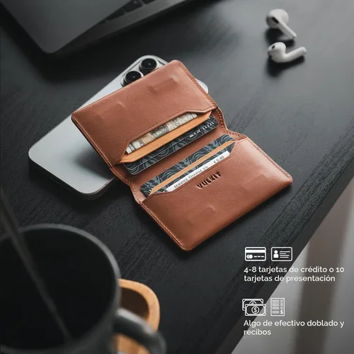 Vista 3 de VULKIT Cartera delgada minimalista con bloqueo RFID de cuero para tarjetero de tarjetas de crédito con bolsillo frontal y cierre magnético, Marrón