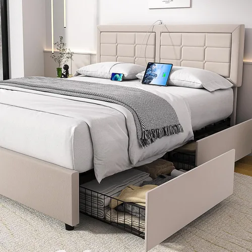 Vista 27 de VECELO Base de cama tamaño matrimonial, cabecera tapizada ajustable con botones, marco de cama resistente con soporte de listones de madera,