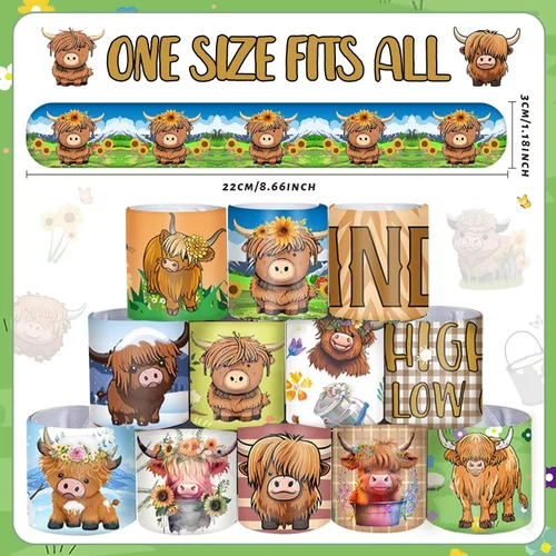 Vista 2 de 48 pulseras de vaca de las tierras altas, recuerdos de fiesta de animales de dibujos animados para niños y niñas, suministros de fiesta de baby