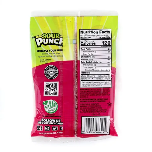 Vista 2 de Sour Punch Bites, sabor dulce de fruta de fresa, caramelo suave y masticable, bolsa de 5 onzas, paquete de 12