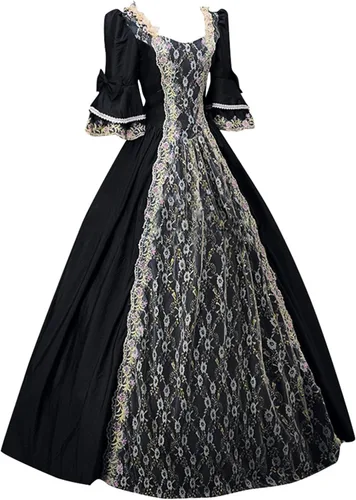 Vista 3 de Vestido gótico vintage de talla grande para mujer, manga 34, renacentista, cosplay, maxivestido, vestido retro bohemio