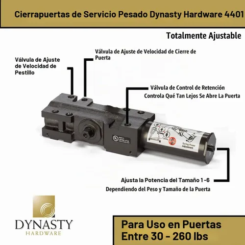 Vista 4 de Cerrador de puerta Dynasty Hardware, grado 1 de alta resistencia comercial hidráulico, autocierre, tamaño de resorte ajustable 1-6, cumple con ADA