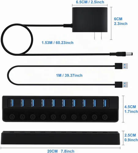 Vista 6 de ONFINIO Hub USB 3.0, concentrador divisor USB de 10 puertos Azul claro