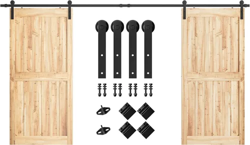Vista 11 de SMARTSTANDARD Kit de herrajes para puerta corrediza de granero de doble puerta resistente de 5 pies, suave y silencioso, fácil de instalar, incluye