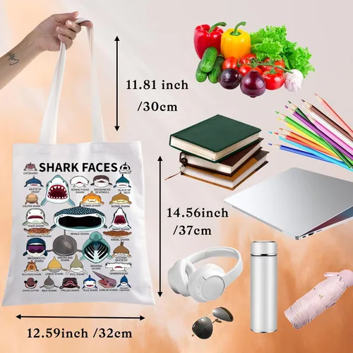 Vista 4 de BWWKTOP Bolsa de lona con cara de tiburón, regalo para amantes de los tiburones, bolsas reutilizables para comestibles