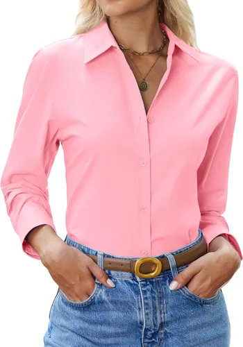 Vista 14 de siliteelon Camisa con botones para mujer: camisa de vestir con cuello de manga larga de algodón con botones, blusa de trabajo y oficina