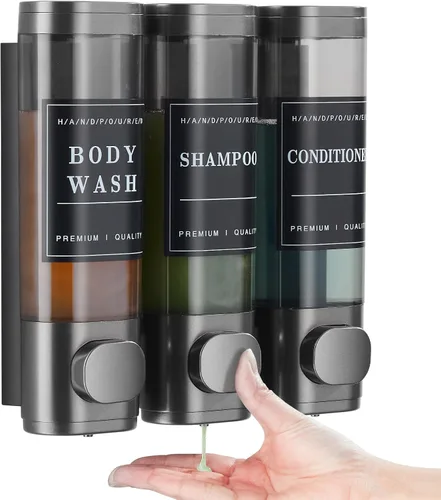 Vista 15 de Dispensador de champú y acondicionador, dispensador de jabón de ducha, 3 cámaras, sin taladro, dispensador de champú montado en la pared para ducha