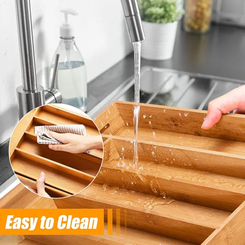 Vista 6 de Bellsal Organizador de cubiertos de 2 piezas con ranuras, organizador de cajones de cocina expandible de bambú, bandeja para utensilios de cocina