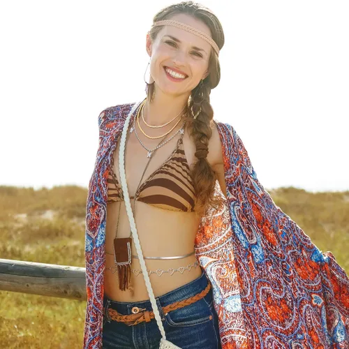 Vista 2 de JenPen 8 unidades de cadena de vientre ajustable para verano, playa, bikini, cuentas de cintura bohemia para mujeres y adultos, cadena de cuerpo