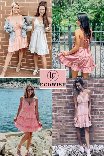 Vista 8 de ECOWISH - Vestido corto sin mangas para mujer, diseño de vuelo estilo patinadora, cuello en V, tirantes delgados, con encaje, lazo y espalda