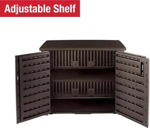 Vista 7 de Rubbermaid Armario decorativo de almacenamiento para exteriores (123 galones), resistente a la intemperie, marrón, organización para el hogar