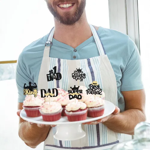 Vista 4 de Gyufise 24 adornos para cupcakes con purpurina para el Día del Padre, diseño de bigote con purpurina, para papá, mejor papá, herramienta