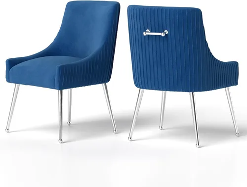 Vista 10 de Sillas de comedor de estilo moderno de terciopelo tapizado, silla de acento de tocador con barra vertical, silla capitonada con patas plateadas