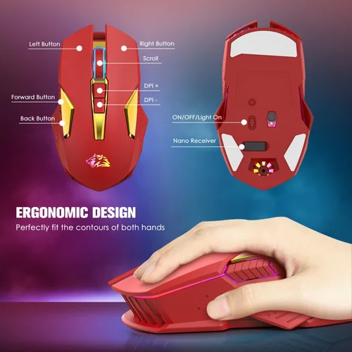 Vista 4 de FELICON Mouse inalámbrico para juegos recargable con retroiluminación RGB arcoíris, sensor óptico de 3 niveles DPI, mouse ergonómico