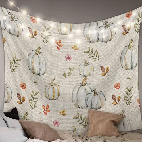 Vista 2 de T&H XHome Tapiz para colgar en la pared, tapices estéticos para dormitorio, Acción de Gracias, calabaza dibujada a mano con hojas, tapiz de pared