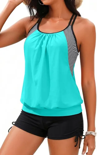 Vista 22 de Holipick Trajes de baño tankini de dos piezas con control abdominal, top de baño tipo blusa con shorts estilo boy shorts Verde Aqua