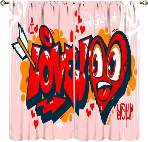 Vista 10 de Cortinas de pared de ladrillo, arte pop de grafiti, hermosas cortinas con estampado de chicas americanas para adolescentes, dormitorio, sala