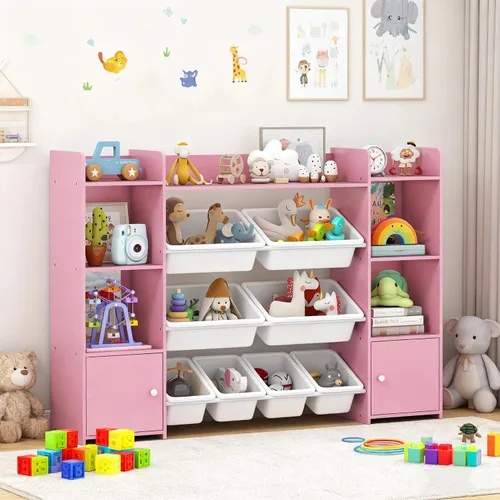Vista 13 de Costzon Organizador de almacenamiento de juguetes para niños, estantería de 4 niveles con 8 cajones extraíbles, estantería Montessori para niños