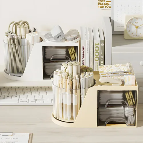 Vista 4 de Soporte de rotación para bolígrafos para escritorio, lindo recipiente para lápices, organizador de escritorio y accesorios para niñas, niños, Beige