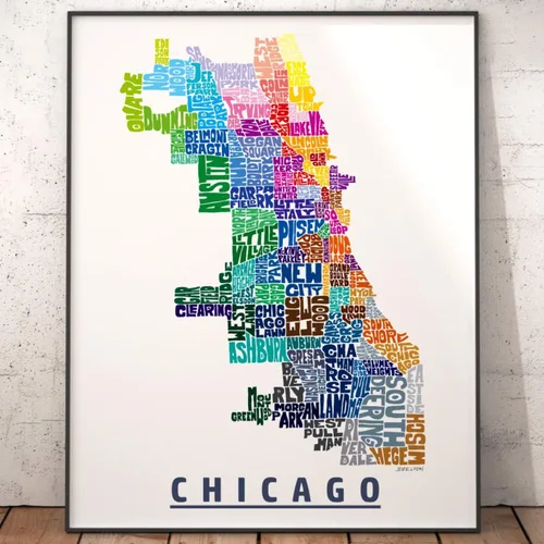 Vista 2 de Impresión del mapa del vecindario de Chicago, impresión firmada de mi arte original de mapa de tipografía de Chicago dibujado a mano