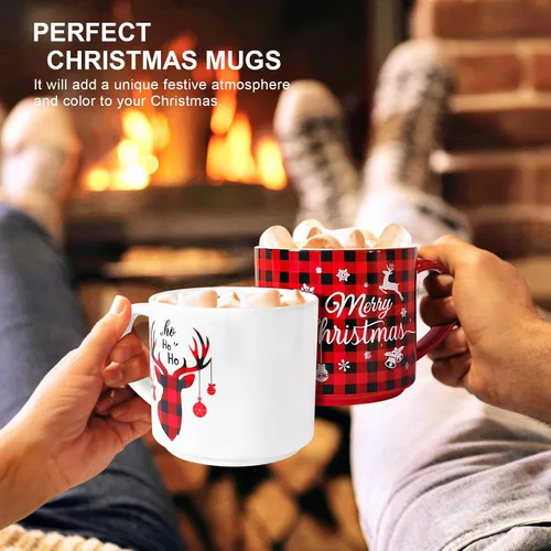 Vista 2 de QIKSION Juego de 6 Tazas de Café Navideñas de 16 oz, Grandes Tazas de Chocolate Caliente, Juego de Tazas de Cerámica de Cocoa para Vacaciones Regalo