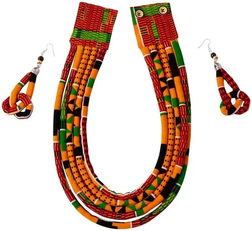 Vista 3 de Conjunto de collar africano y pendientes Ankara con estampado de tela multicapa de cuerda tejida gargantilla en capas